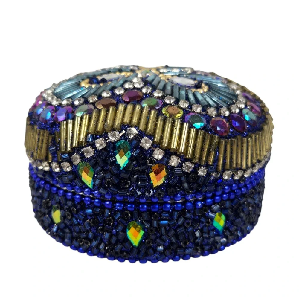2 Vintage Beaded Bejeweled Trinket Boxes Round Domed Tins Iridescent Gold Blue